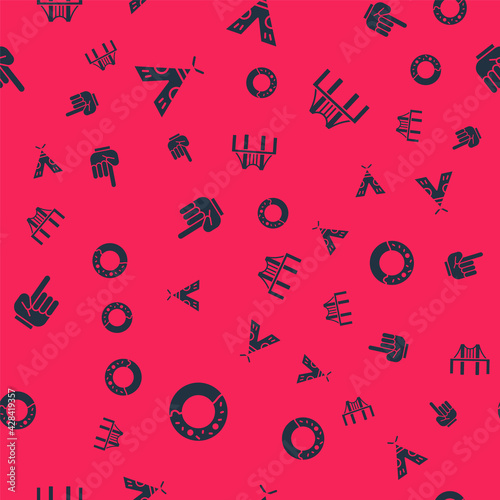 Set Donut, Indian teepee or wigwam, Number 1 one fan hand glove and Golden gate bridge on seamless pattern. Vector