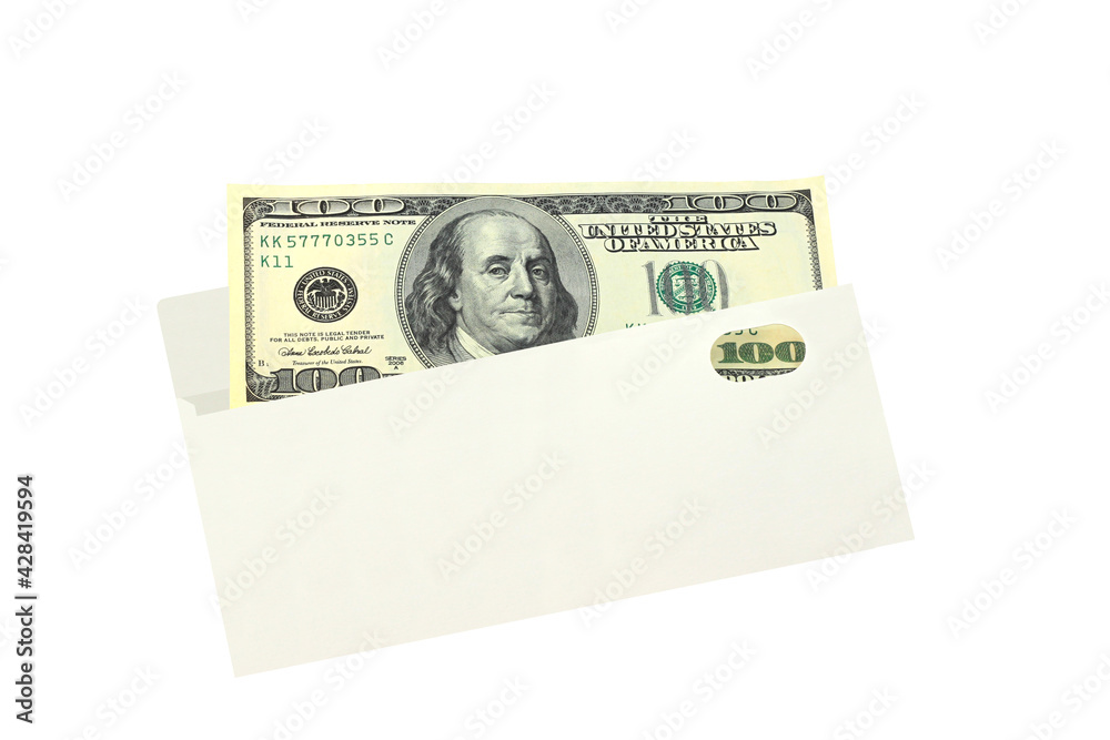 One hundred american dollars in white envelope isolated on white background close up One hundred american dollars in white envelope isolated on white background close up