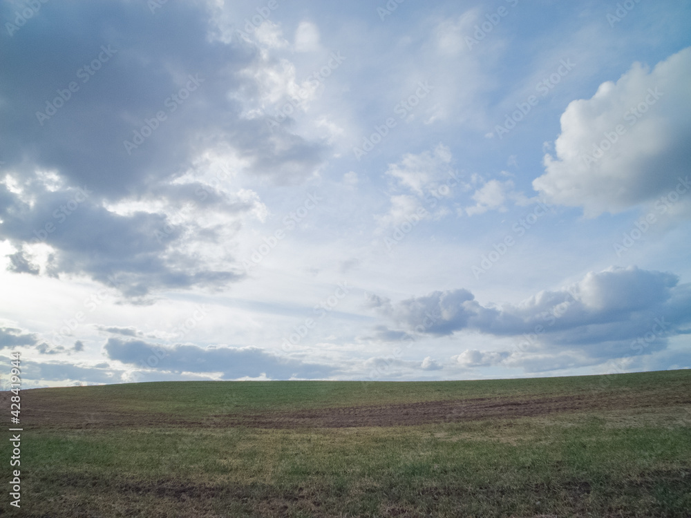 blue sky with many clouds, green spring field
