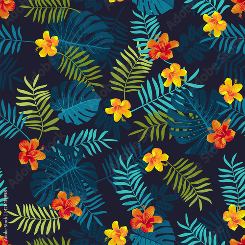 Tropical Summer seamless pattern with monstera leaves and hibiscus flowers. Bright jungle seamless background. Vivid optimistic juicy colors. Repeat pattern backdrop. Editable vector, clipping mask