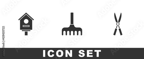 Set Bird house, Garden rake and Gardening handmade scissors icon. Vector