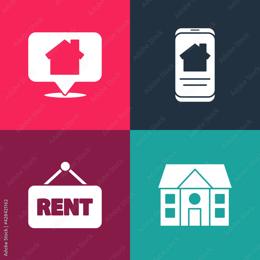 Set pop art House, Hanging sign with Rent, Online real estate house and Location icon. Vector