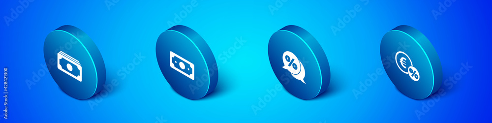 Set Isometric Stacks paper money cash, Discount percent tag, Money coin with and icon. Vector