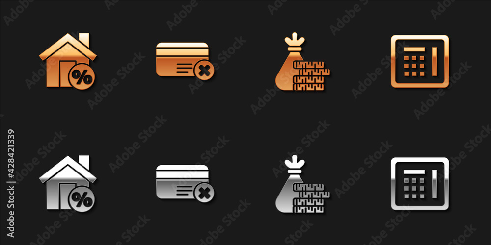 Set House with percant discount, Credit card remove, Money bag and coin and Safe icon. Vector Set House with percant discount, Credit card remove, Money bag and coin and Safe icon. Vector