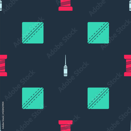 Set Sewing thread, Awl tool and Pattern on seamless pattern. Vector