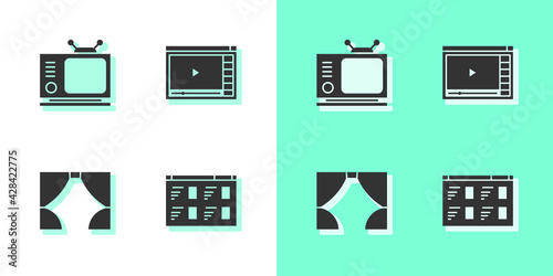 Set Online play video, Retro tv, Curtain and icon. Vector