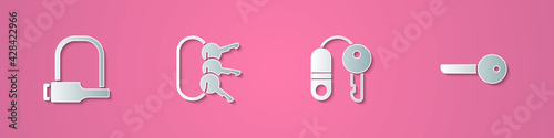 Set paper cut Bicycle lock, Bunch of keys, House with and Key icon. Paper art style. Vector