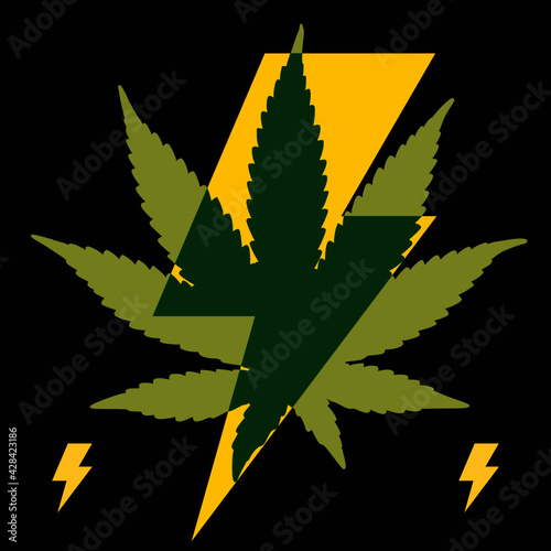 Vector illustration of lightning bolt symbol with cannabis leafisolated on black. Design for t-shirts, stickers or posters.
