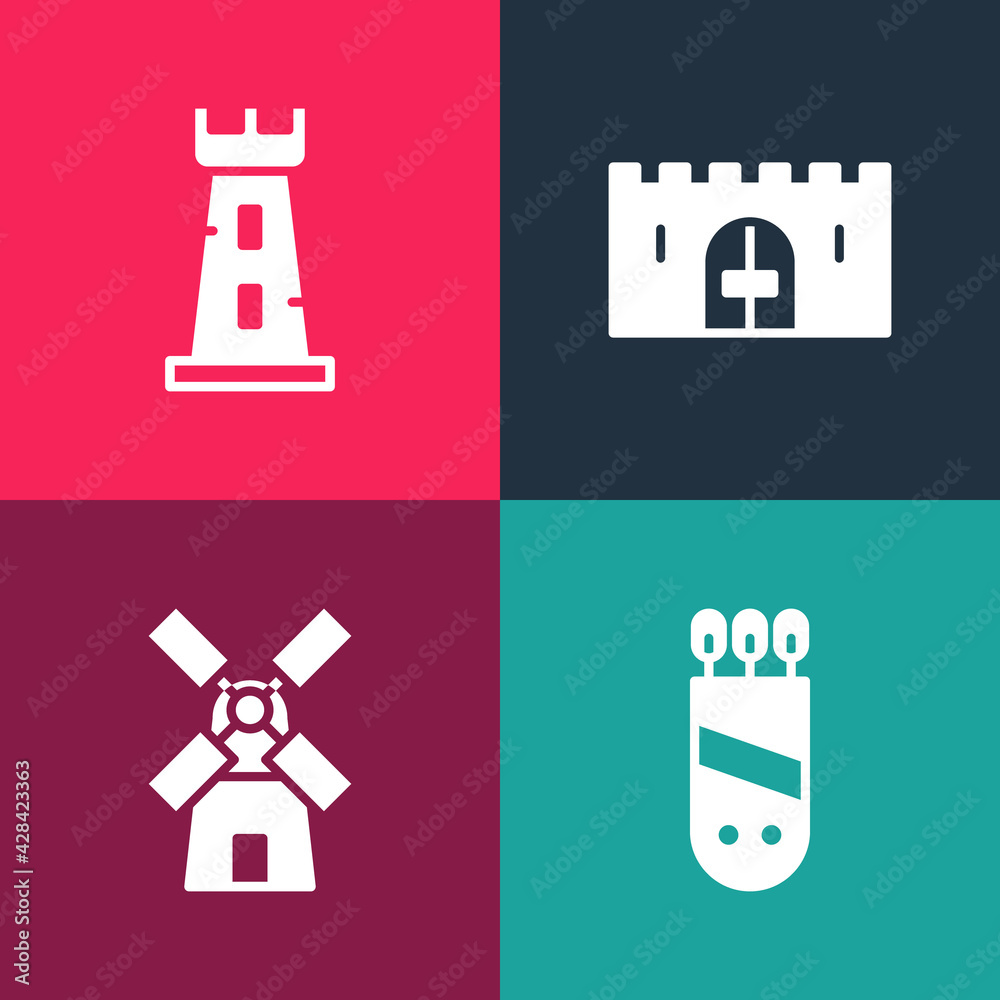Set pop art Quiver with arrows, Windmill, Medieval castle gate and Castle tower icon. Vector Set pop art Quiver with arrows, Windmill, Medieval castle gate and Castle tower icon. Vector