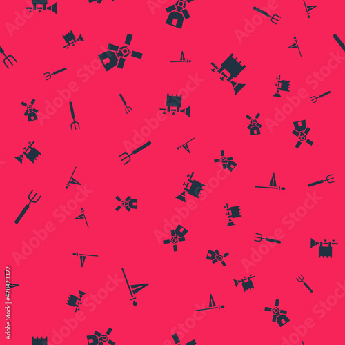 Set Medieval flag, Windmill, Garden pitchfork and Trumpet with on seamless pattern. Vector