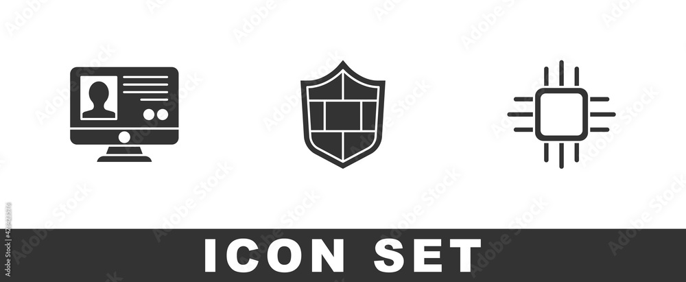Set Create account screen, Shield with brick wall and Processor microcircuits CPU icon. Vector Set Create account screen, Shield with brick wall and Processor microcircuits CPU icon. Vector