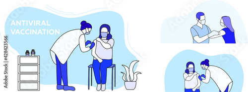 Vector set of covid vaccination and vaccine concept illustrations. The doctor vaccinates the patient against coronavirus or flu. Set of posters, web, banners, prints.