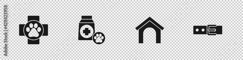 Set Veterinary clinic, Bag of food, Dog house and Collar with name tag icon. Vector