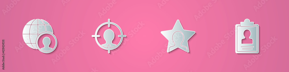 Set paper cut Globe and people, Head hunting, and Clipboard with resume icon. Paper art style. Vector Set paper cut Globe and people, Head hunting, and Clipboard with resume icon. Paper art style. Vector