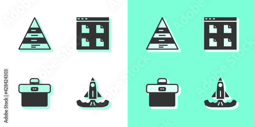 Set Rocket, Pyramid chart infographics, Briefcase and Browser files icon. Vector