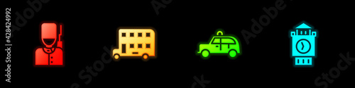 Set British soldier, Double decker bus, Taxi car and Big Ben tower icon. Vector
