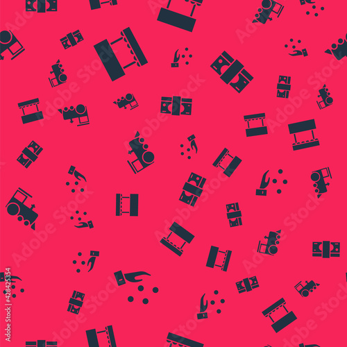 Set Juggling ball, Ticket box office, Toy train and Stacks paper money cash on seamless pattern. Vector