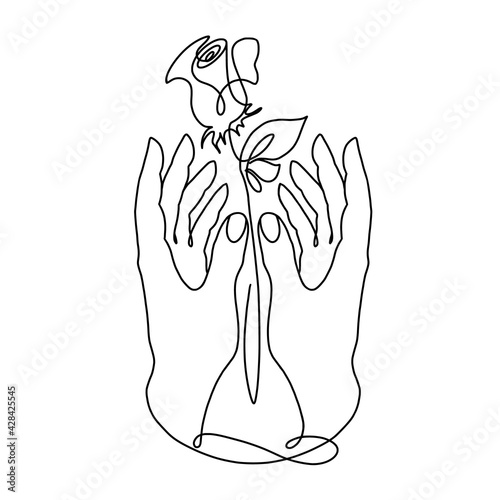 continuously drawn two female hands one line, palms up, Rose in hands, open palms, line art, hand drawn, vector illustration Lineart in a trendy minimalist style.