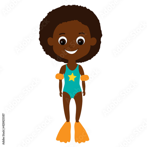Happy African or African American smiling tanned girl in in a blue swimsuit, flippers and rubber sleeves. A character in a children's style shows a summer holiday and fun.