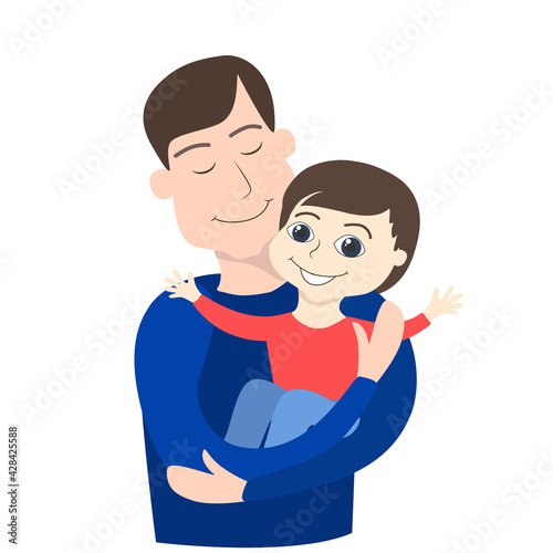 The father holds a little boy in his arms. The child and the parent are drawn in a cartoon childish style. The mood of joy, trust in the family, carelessness and childish happiness.