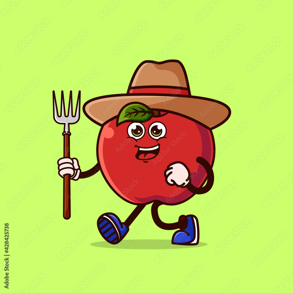 Cute Apple Farmer character with pitchfork. Fruit character icon concept isolated. flat cartoon style Premium Vector Cute Apple Farmer character with pitchfork. Fruit character icon concept isolated. flat cartoon style Premium Vector