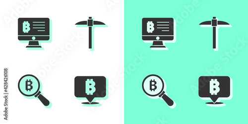 Set Bitcoin, Mining bitcoin from monitor, Magnifying glass with and Pickaxe icon. Vector