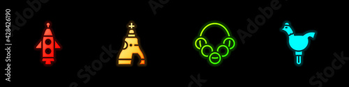 Set Rocket ship, The Tsar bell, Russian bagels and Cockerel lollipop icon. Vector