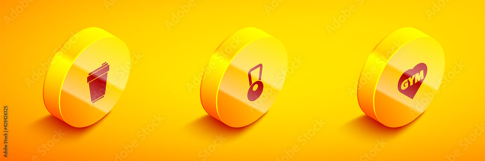 Set Isometric Fitness shaker, Kettlebell and gym heart icon. Vector