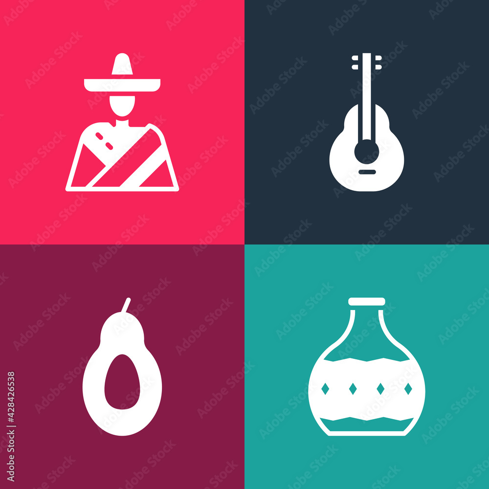 Set pop art Tequila bottle, Avocado, Mexican guitar and man sombrero icon. Vector Set pop art Tequila bottle, Avocado, Mexican guitar and man sombrero icon. Vector