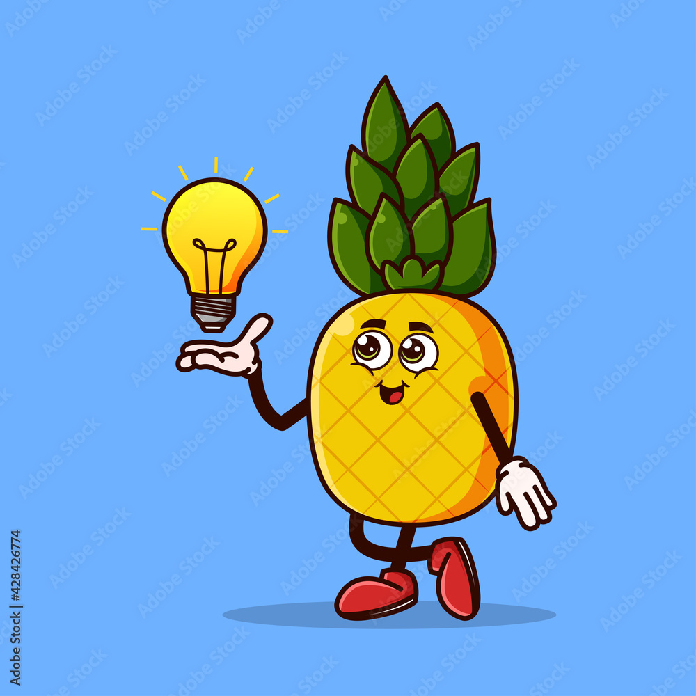 Fototapeta premium Cute pineapple character with light bulb Idea on hand. Fruit character icon concept isolated. Emoji Sticker. flat cartoon style Vector
