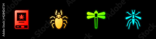 Set Book about insect, Beetle deer, Dragonfly and Mosquito icon. Vector