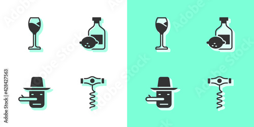 Set Wine corkscrew, glass, Pinocchio and Limoncello bottle icon. Vector