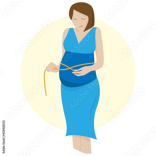 Pregnant woman, expectant mother, girl measures belly size with baby, modern vector simple illustration logo icon for fashion design, magazine, website, flyer, banner.