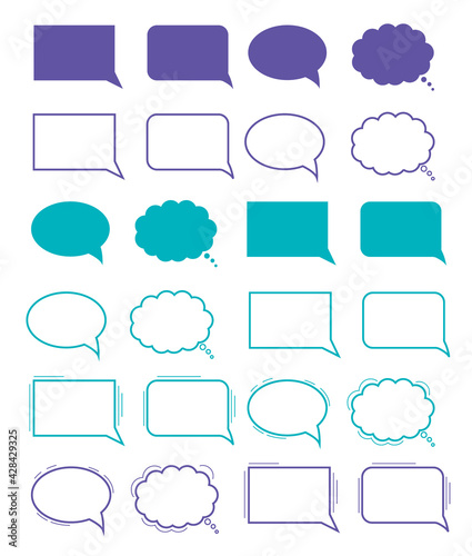 Hand-drawn speech bubble. Vector set. Clouds for online chat with different words Suitable for dialogue to illustrate reactions. Colorful chat messages.