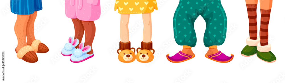 Collection of house slippers on human legs vector flat illustration funny domestic footwear Collection of house slippers on human legs vector flat illustration funny domestic footwear