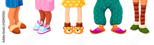 Collection of house slippers on human legs vector flat illustration funny domestic footwear