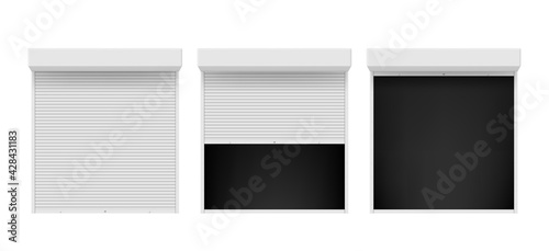 Collection realistic roller shutter door vector illustration. Set of windows with rolling shutters