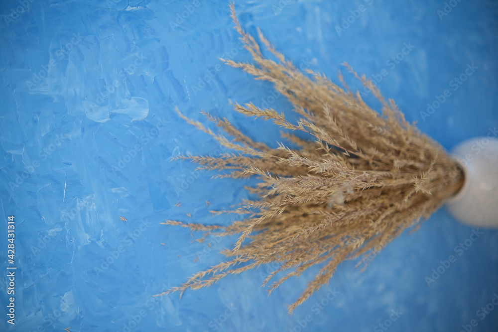 The composition consists of a white ceramic vase with a bouquet of dried spikelets, a golden photo frame with a dried flower on a blue background painted with oil paints. Stylish home decor The composition consists of a white ceramic vase with a bouquet of dried spikelets, a golden photo frame with a dried flower on a blue background painted with oil paints. Stylish home decor