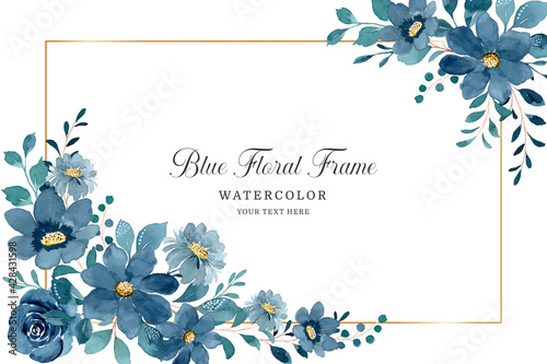 Blue floral frame background with watercolor