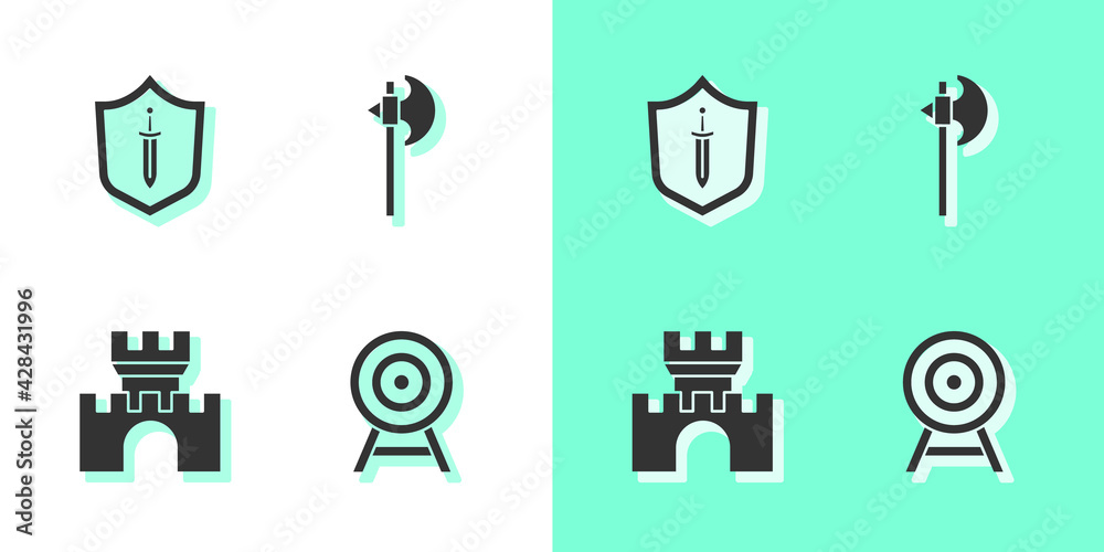 Set Target with arrow, Medieval shield sword, Castle, fortress and axe icon. Vector Set Target with arrow, Medieval shield sword, Castle, fortress and axe icon. Vector