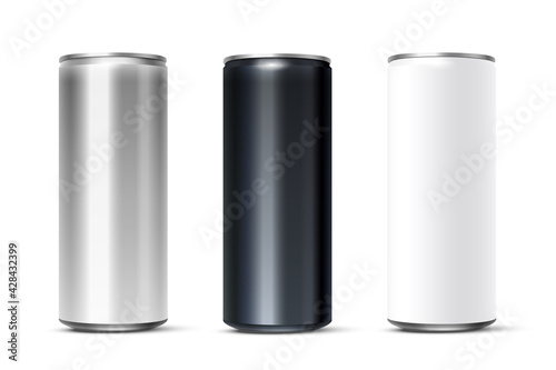 Blank white, silver, black beer or soda can set. 3d aluminium or tan mockup vector illustration. Energy drinks, alcohol, cider, juice packaging logo design on white background