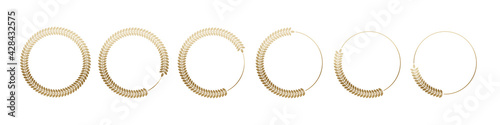 Golden laurel wreath round frame set. Rings with gold leaves, circle award logo or emblem vector illustration. Roman circular badge for anniversary, wedding, award isolated on white background