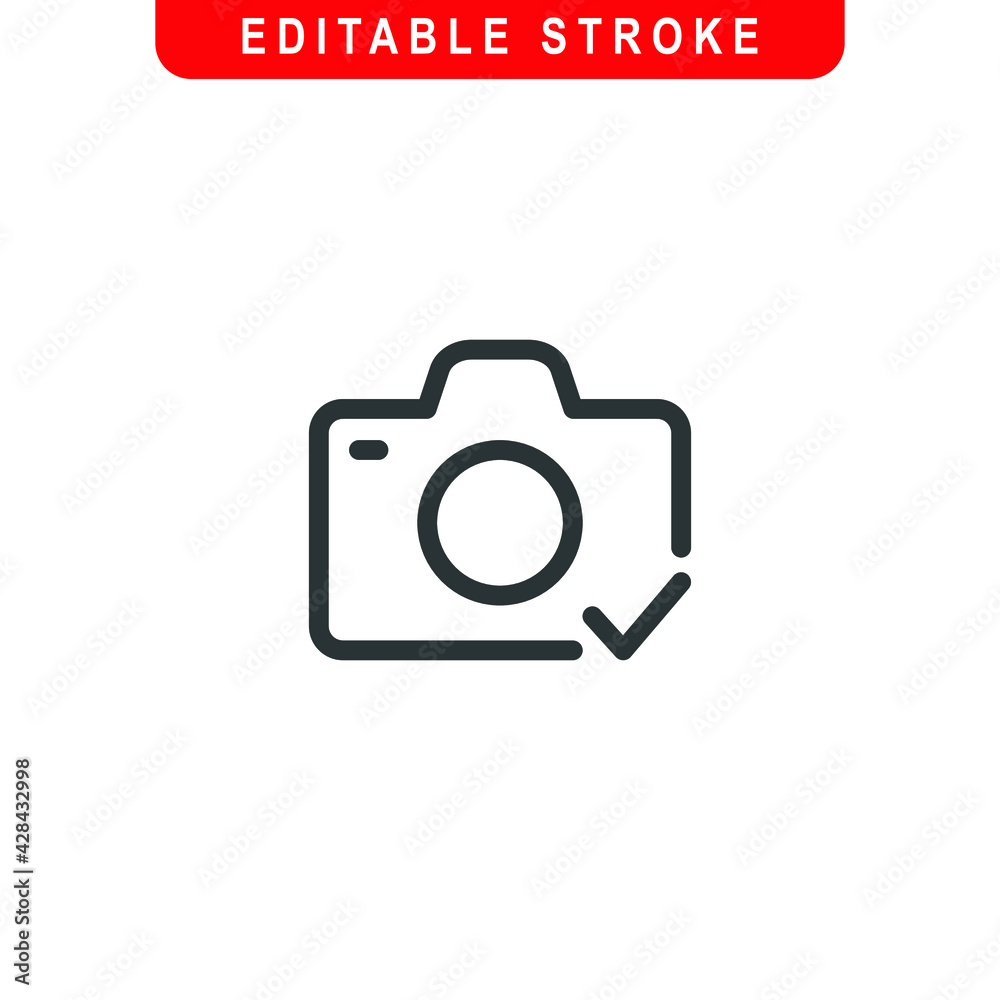 Camera with Checkmark Outline Icon. Verified Camera Line Art Logo. Vector Illustration. Isolated on White Background. Editable Stroke