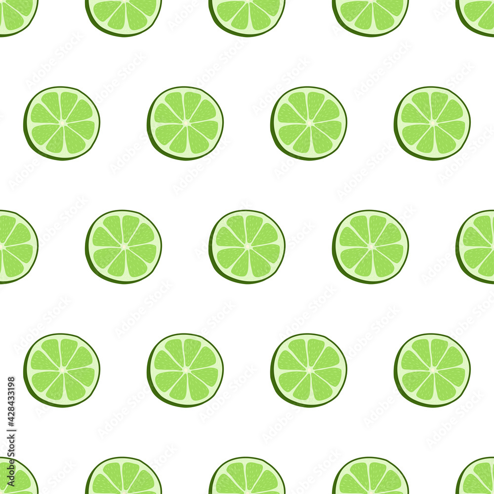 Hand drawn seamless pattern with circle sliced lime. Surface design. Fabric print texture