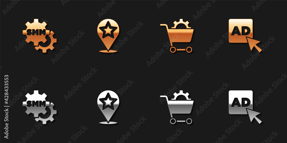 Set Social media marketing, Map pointer with star, Shopping cart and Advertising icon. Vector Set Social media marketing, Map pointer with star, Shopping cart and Advertising icon. Vector