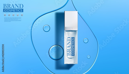 Beauty product with transparent liquid as a skin moisturizer on a blue  background with water drops, illustration vector.