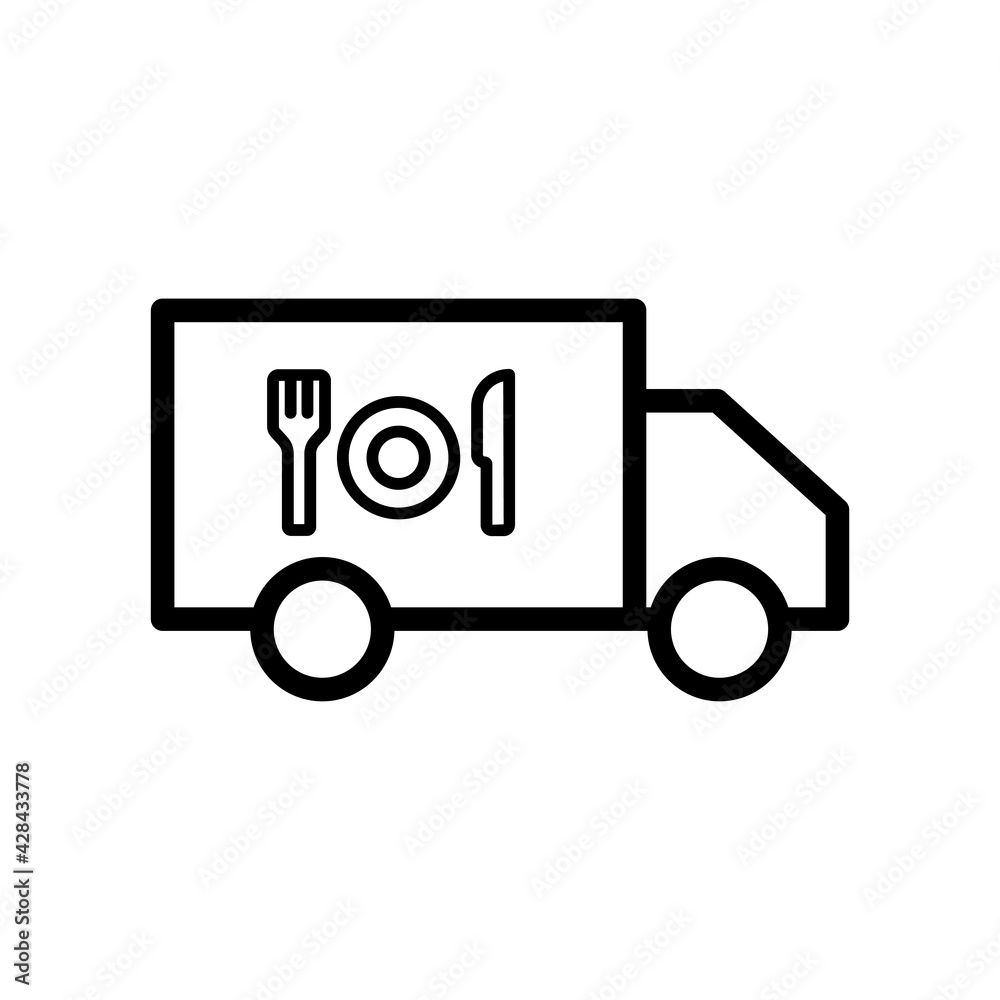 Truck line icon with food. food delivery truck icon. Editable stroke. Design template vector Truck line icon with food. food delivery truck icon. Editable stroke. Design template vector