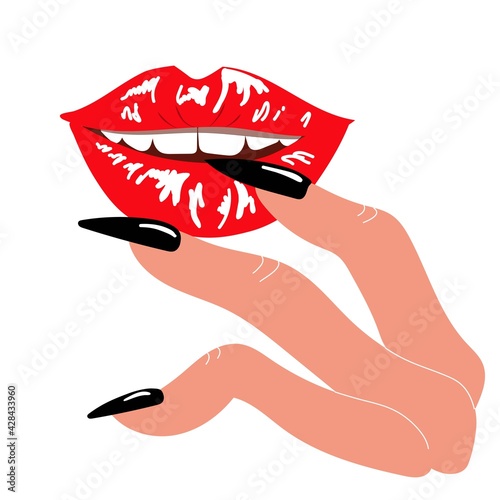 Seductive female lips painted red gloss, Erotic bite lip, Female fingers touching lips Vector clip art in flat style