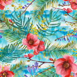 Subtropical flowers. Seamless pattern with flowering quince, mimosa and palm leaf