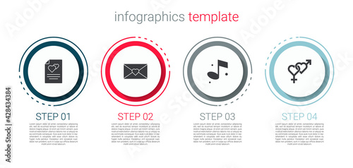 Set Greeting card, Envelope with Valentine heart, Music note and Gender. Business infographic template. Vector